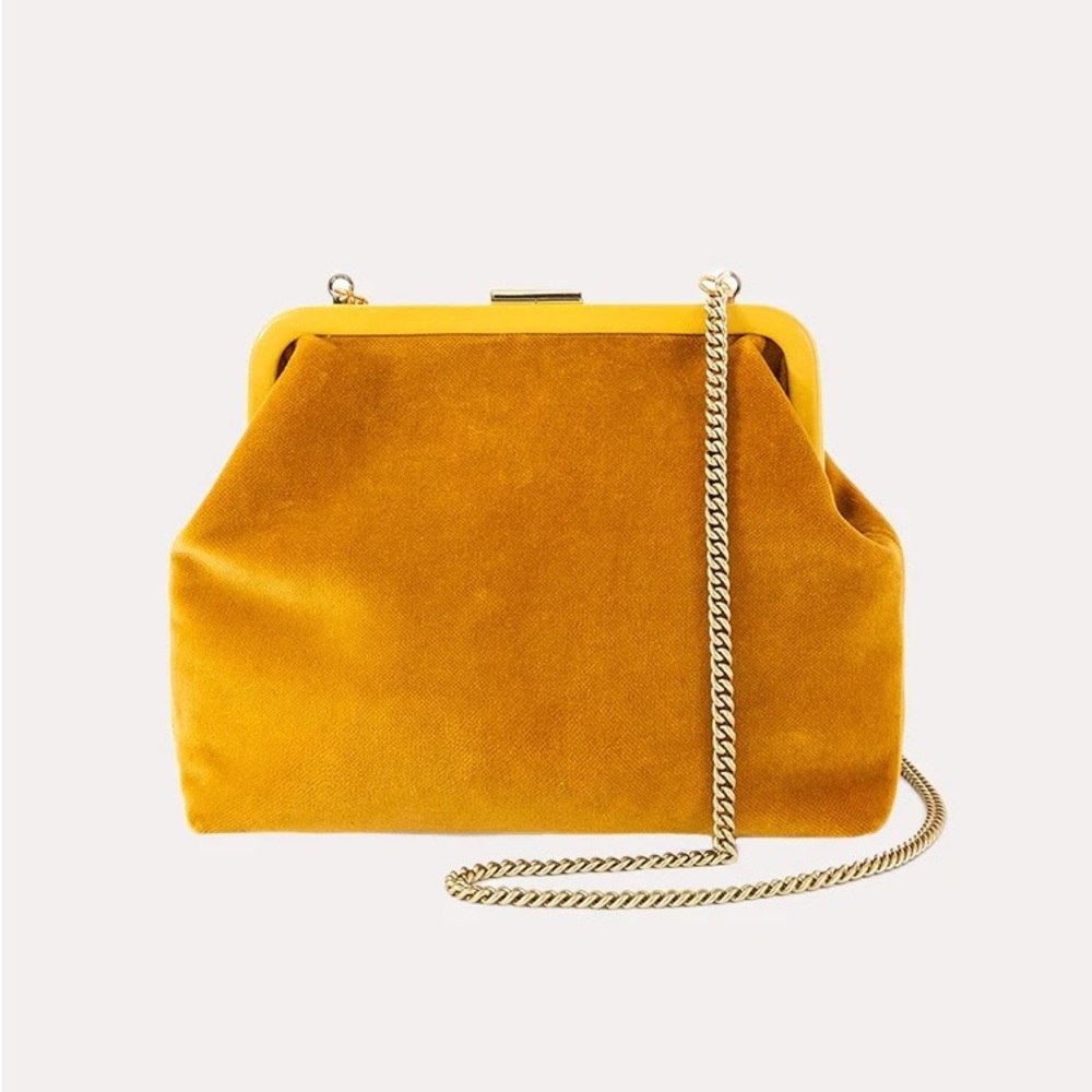 Clare V Mustard Yellow Velvet Mini Frame Bag with Gold Chain